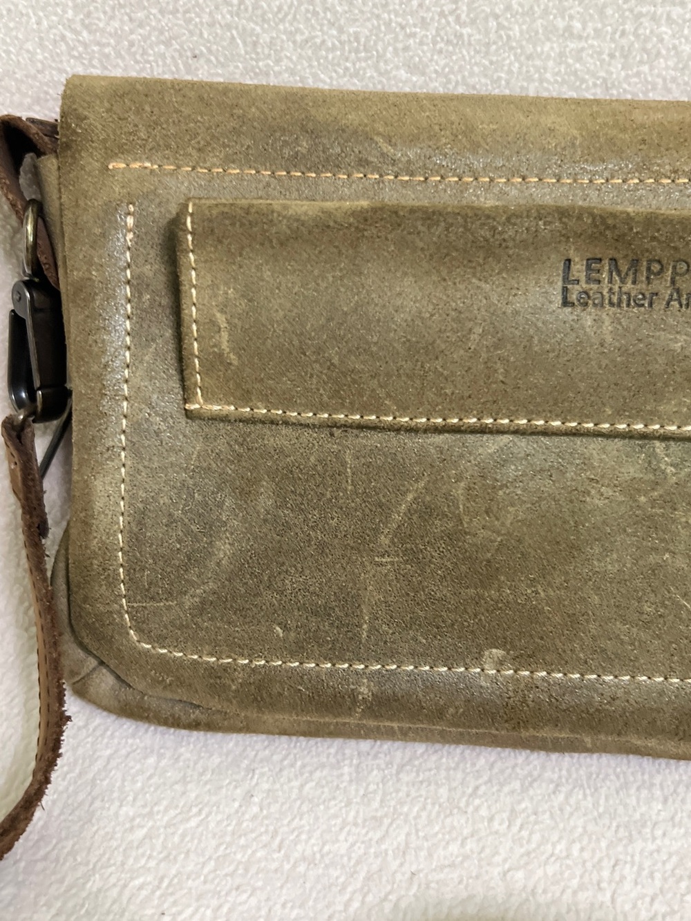 Lempp and Yin Olive Green Distressed Leather Crossbody Bag Handmade Purse - Picture 10 of 14